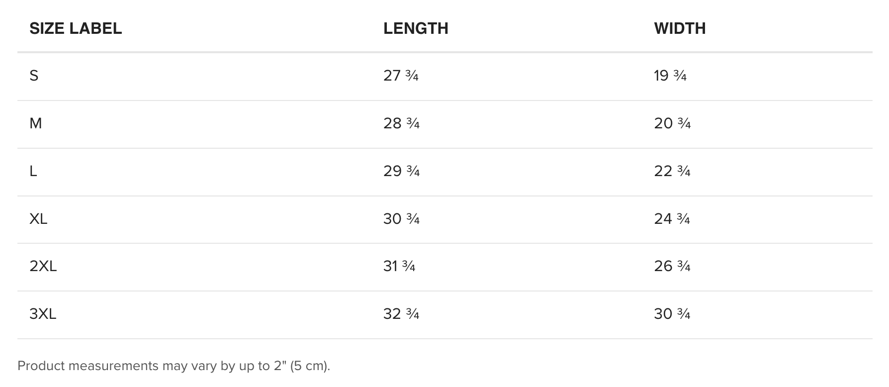 Table displaying size labels, lengths, and widths with measurement variations.