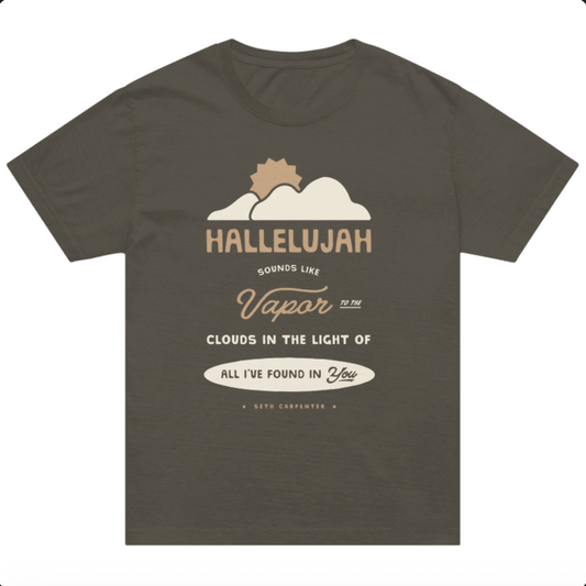 Dark gray t-shirt with white and beige graphic design on a white background